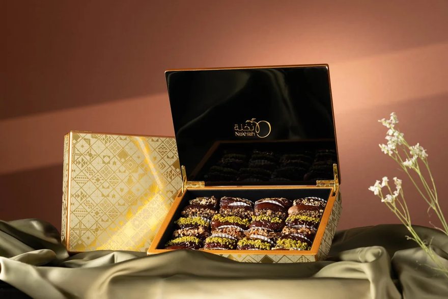 Styled product photo of a luxury dates gift box