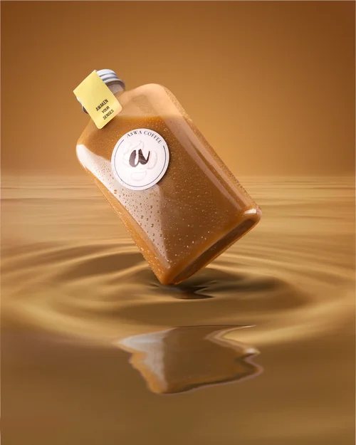 Product photo of a coffee bottle on a gold backdrop